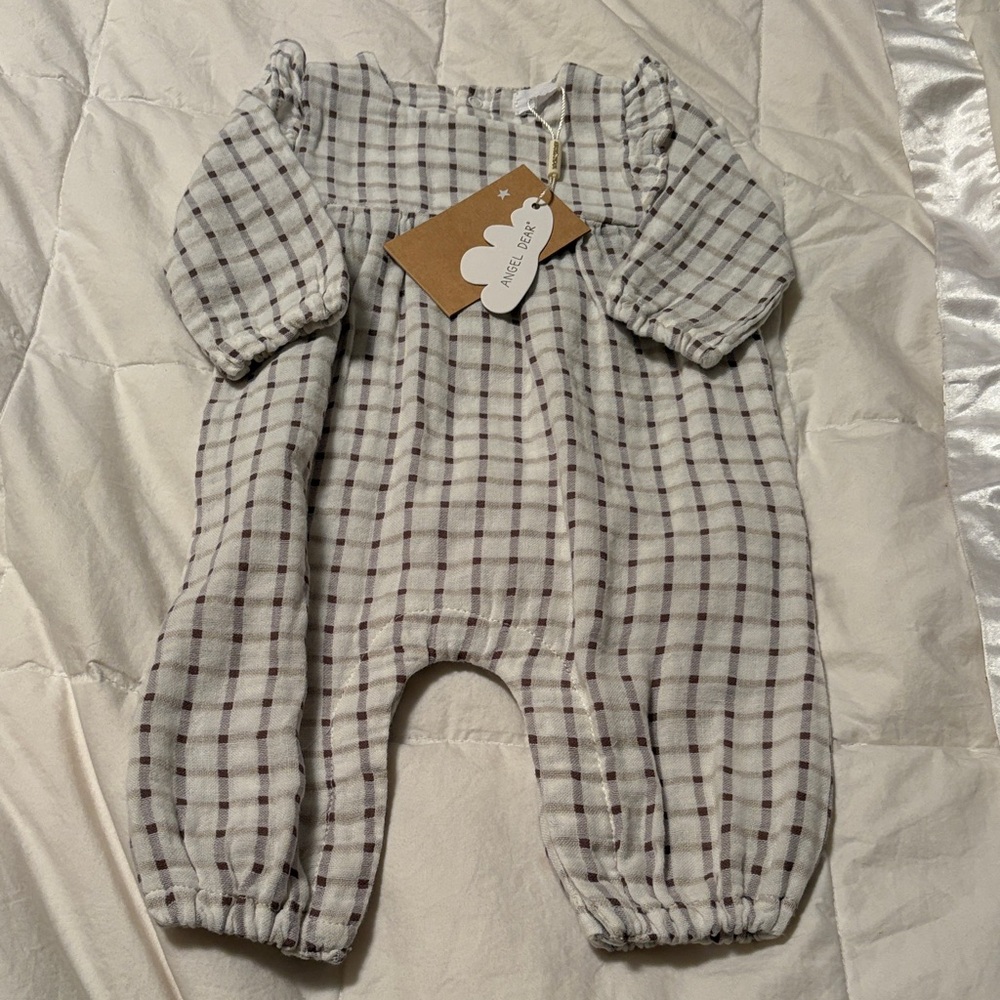 Angel Dear Cream and Brown Plaid Baby One-Piece